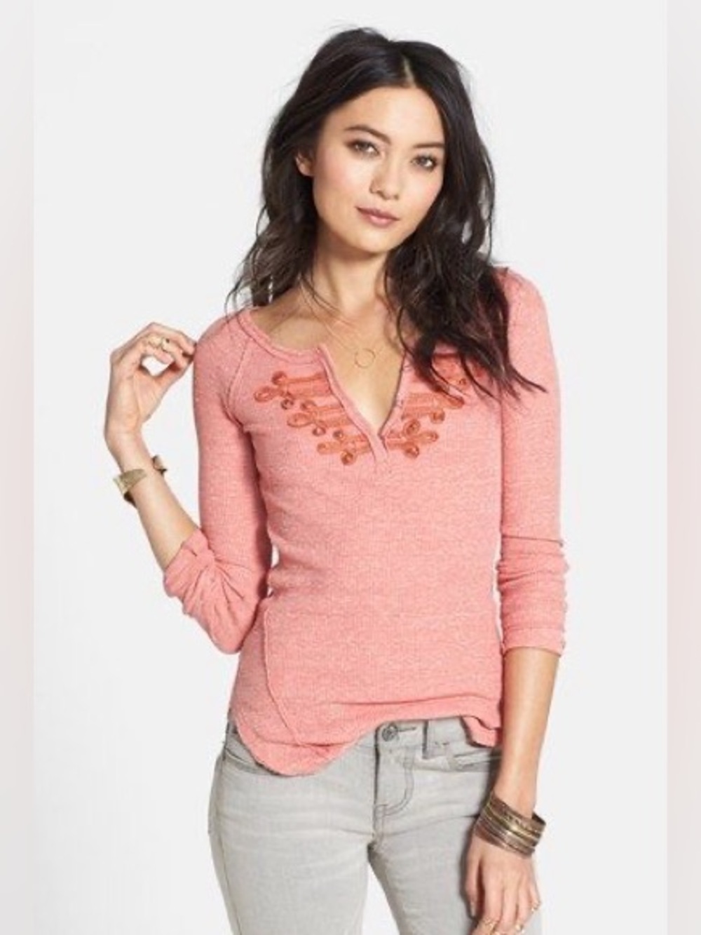 We the Free People Battalion Thermal Top Womens M Pink Coral Embellished Henley